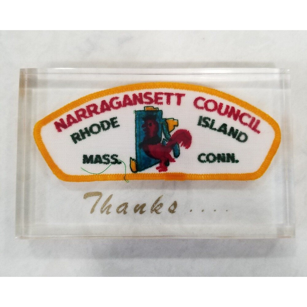 Boy scout shoulder patch in lucite paperweight with "Thanks..." vintage